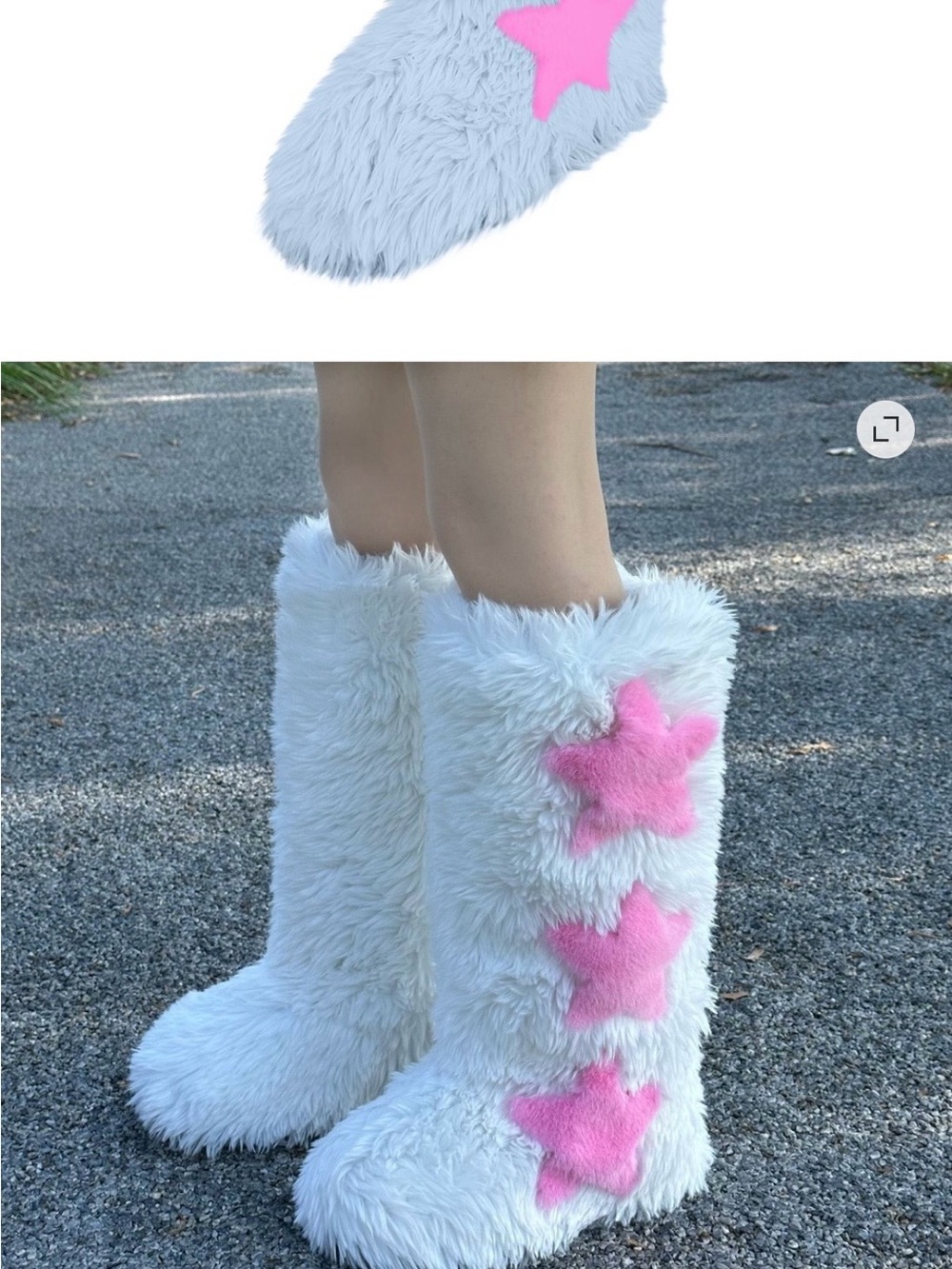 Cozy White Faux Fur Knee-High Boots with Pink Star Accents - Women